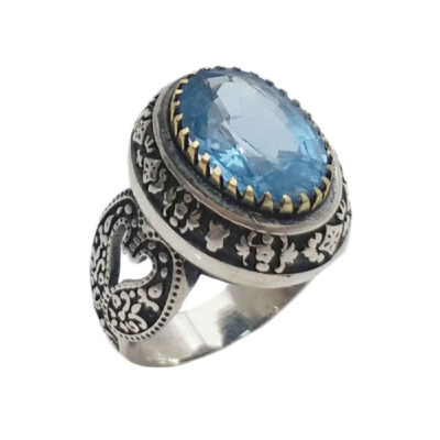 Blue Topaz Silver Gemstone Ring for Men – Foad Model, Traditional Persian Design