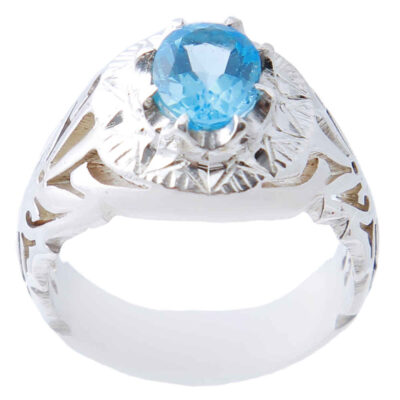 Blue Topaz Silver Gemstone Ring for Men – Milad Model, Traditional Persian Design