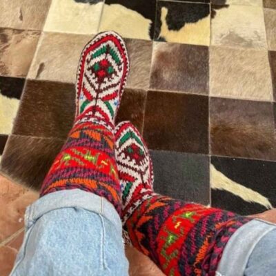 Handwoven Cotton Crew Socks for Women with Koohnavardi Design, Traditional Persian Knit