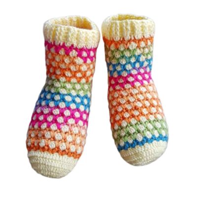 Handwoven Cotton Crew Socks for Women with Rainbow Design, Colorful Traditional Knit
