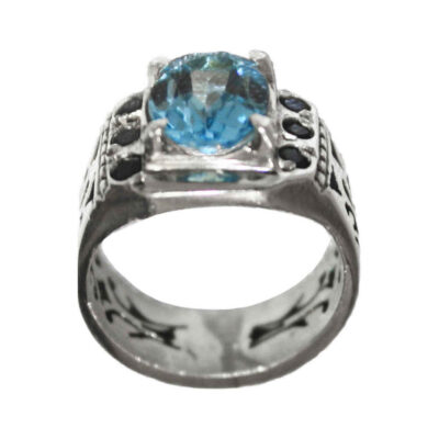 Blue Topaz Silver Gemstone Ring for Men – Vala Model, Traditional Persian Design