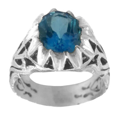 Blue Topaz Silver Gemstone Ring for Men – Rekab Model, Traditional Persian Design