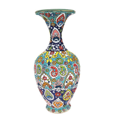 Decorative Vase Hand-Painted with Persian Minakari Enamel, Featuring a Traditional Paisley Design in a Flared Shape
