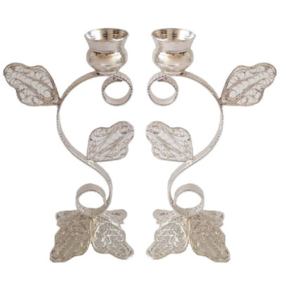 Set of 2 Persian Filigree Candlesticks, Copper with Silver-Plated Finish, Ornate Golbarg Floral Design