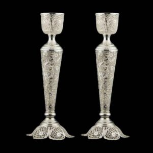 Persian Filigree Candlestick Copper Coated with Silver Rose (x2)