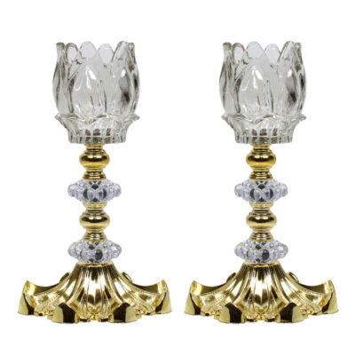 Set of 2 Persian Crystal Candlesticks, Ornate Tulip-Shaped Ananasi Design