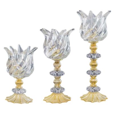 Set of 3 Persian Crystal Candlesticks, Ornate Tulip-Shaped Design, Decorative Candle Stand