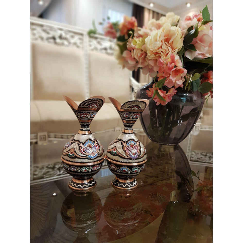 Decorative Copper Vase Hand-Painted with Persian Minakari Enamel, Featuring the Noghli Floral Design for a Rich Look
