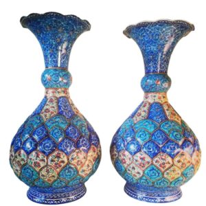Set of Two Decorative Copper Vases, Hand-Painted with Persian Minakari Enamel and Featuring the Ana Floral Design