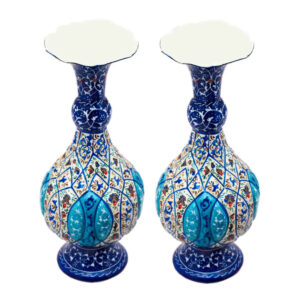 Set of Two Decorative Copper Vases, Hand-Painted with Persian Minakari Enamel and Featuring the Baha Geometric Design