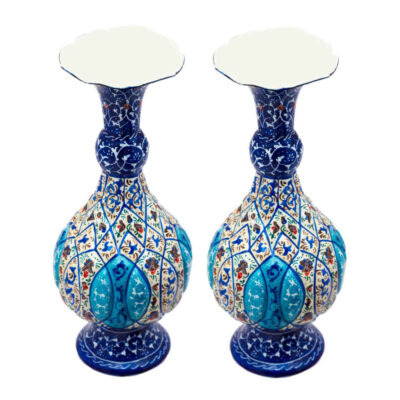 Set of Two Decorative Copper Vases, Hand-Painted with Persian Minakari Enamel and Featuring the Baha Geometric Design