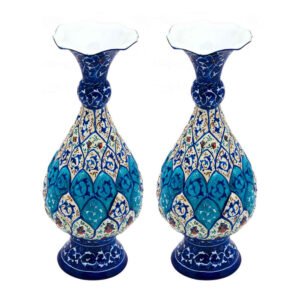 Set of Two Decorative Copper Vases, Hand-Painted with Persian Minakari Enamel and Featuring the Elima Geometric Pattern