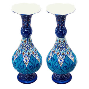 Set of Two Decorative Copper Vases, Hand-Painted with Persian Minakari Enamel and Featuring the Erika Geometric Design