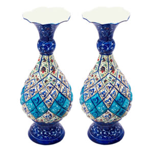 Set of Two Decorative Copper Vases, Hand-Painted with Persian Minakari Enamel and Featuring the Sarahi Geometric Pattern
