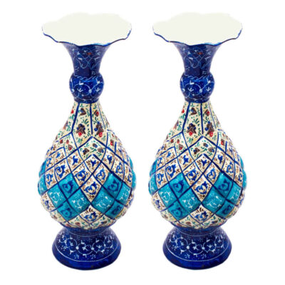 Set of Two Decorative Copper Vases, Hand-Painted with Persian Minakari Enamel and Featuring the Sarahi Geometric Pattern