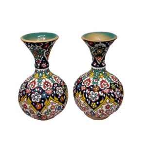 Set of Two Decorative Pottery Vases, Hand-Painted with Persian Minakari Enamel for a Traditional Floral Display