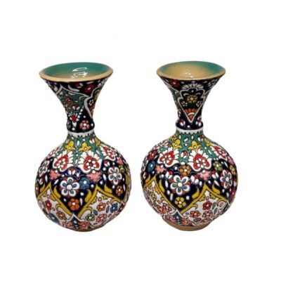 Set of Two Decorative Pottery Vases, Hand-Painted with Persian Minakari Enamel for a Traditional Floral Display