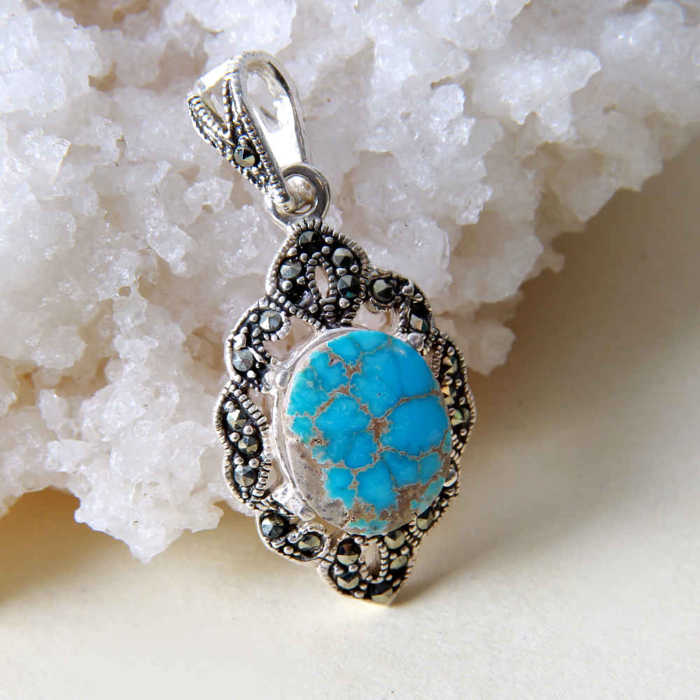 Persian Silver Pendant with Turquoise Gemstone Asal
