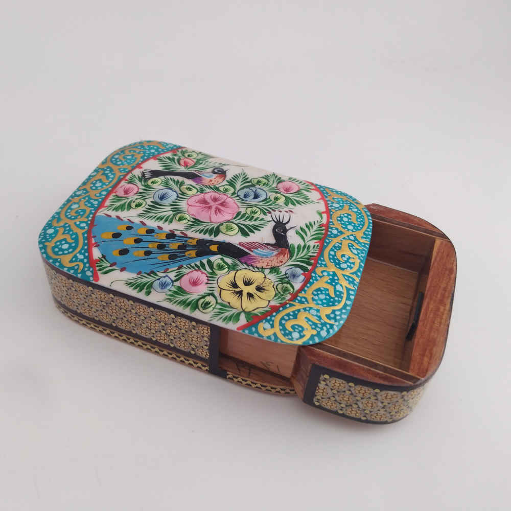Persian Wooden Playing Card Box – Khatam Enameled Birds & Flowers