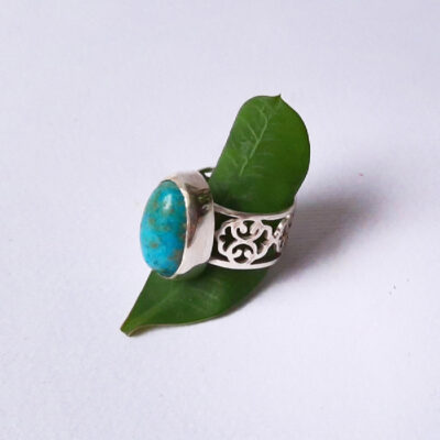 Neyshabur Turquoise Silver Gemstone Ring – Handcrafted Eslimi Design, Traditional Persian Style