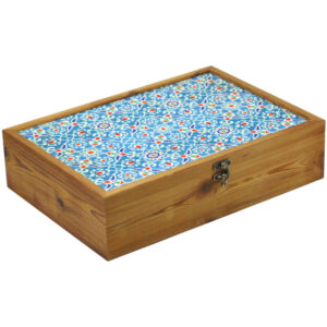Blue Tile Tea Organizer Chest – Wooden Box with Divided Slots