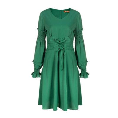 Women’s Green Long Sleeve Fit and Flare Dress for Chic Feminine and Elegant Style