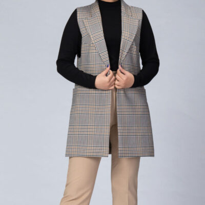 Women's Long Checked Vest with Notch Lapel Smart Casual Style