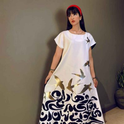 Women’s Short Sleeve A-Line Dress with Bird and Calligraphy Design for Artistic Casual Style