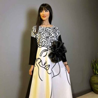 Women's Long Sleeve Fit and Flare Dress with Persian Calligraphy for Artistic Events and Special Occasions