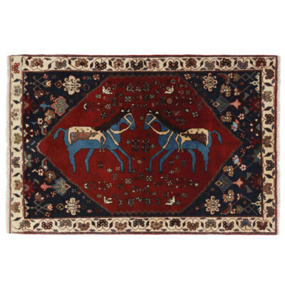 Hand-Knotted Persian Abadeh Horse Rug (Tribal Pictorial Animal Motifs) - Red Wool