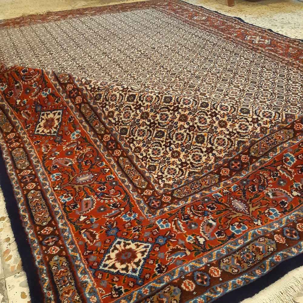 Hand-Knotted Persian Birjand Bahareh Rug (All-over Mahi / Herati Pattern) – Red Wool