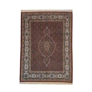 Hand-Knotted Persian Birjand Riz Mahi Rug (Mahi Medallion / Herati) – Red Silk & Wool