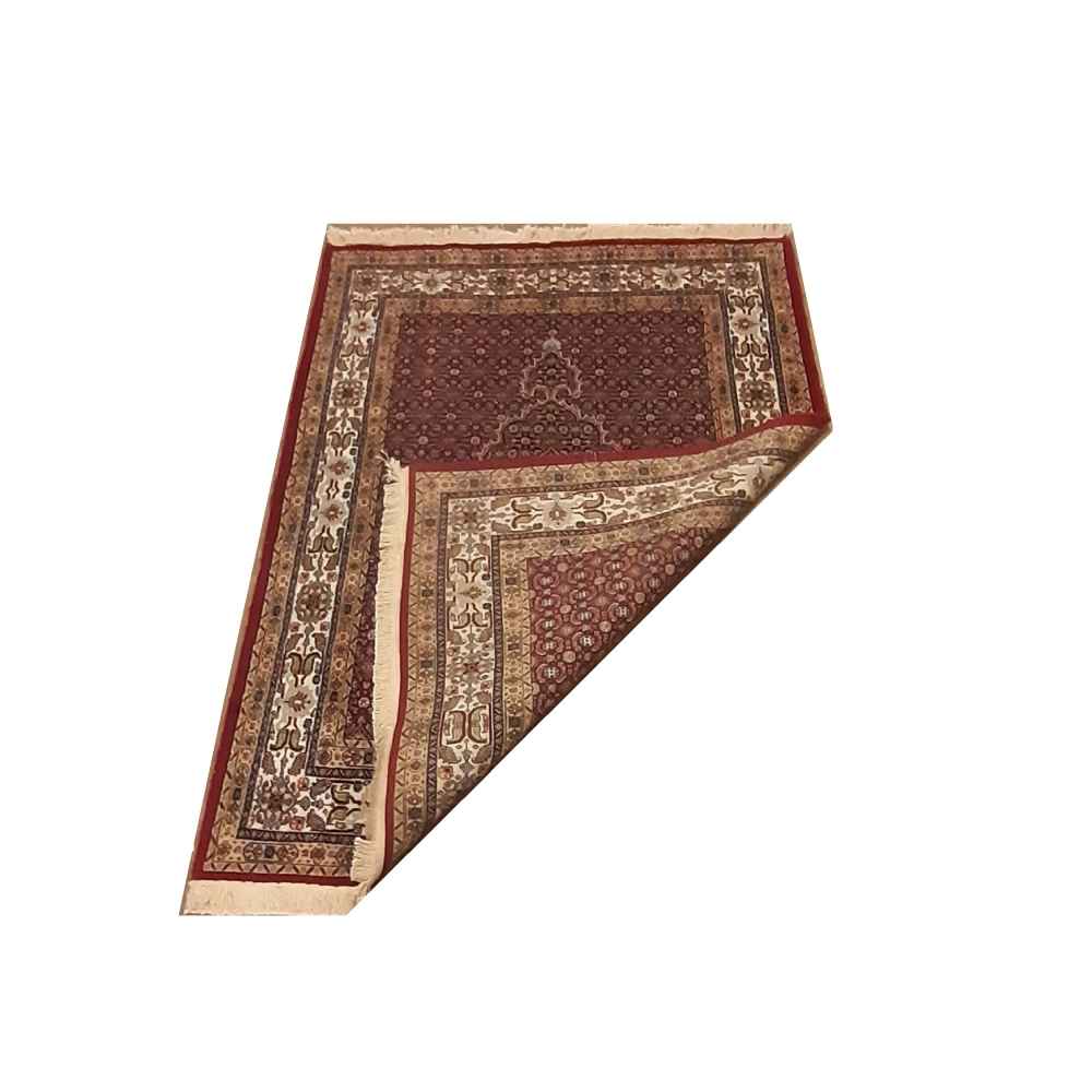 Hand-Knotted Persian Birjand Riz Mahi Rug (Mahi Medallion / Herati) – Red Silk & Wool