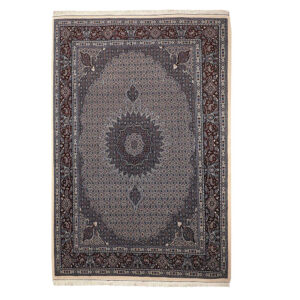 Hand-Knotted Persian Birjand Riz Mahi Rug (Mahi Medallion / Herati) – Gray Wool
