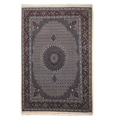 Hand-Knotted Persian Birjand Riz Mahi Rug (Mahi Medallion / Herati) - Gray Wool