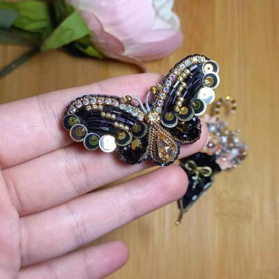 Black Butterfly Plastic Beaded Brooch – Handmade Feminine Design