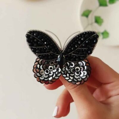 Dark Butterfly Plastic Beaded Brooch – Handmade Feminine Design