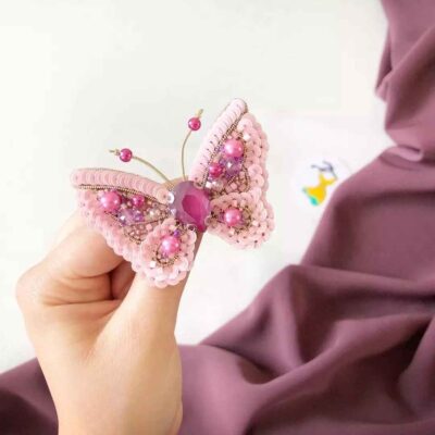 Pink Butterfly Plastic Beaded Brooch – Handmade Feminine Design
