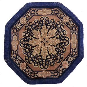 Hand-Knotted Silk Carpet Tablecloth – Navy Blue Round Floral