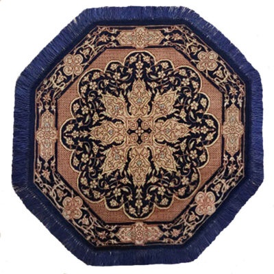 Hand-Knotted Silk Carpet Tablecloth - Navy Blue Round Floral