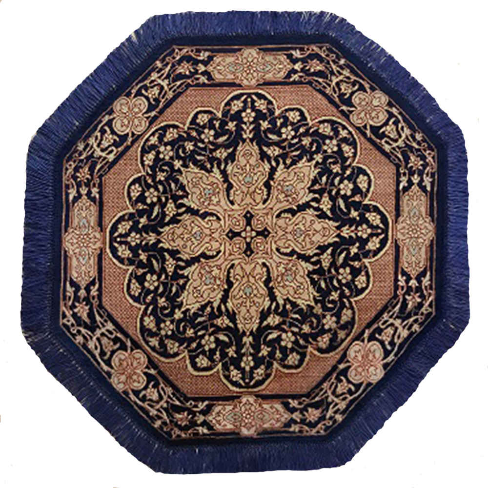 Hand-Knotted Silk Carpet Tablecloth – Navy Blue Round Floral