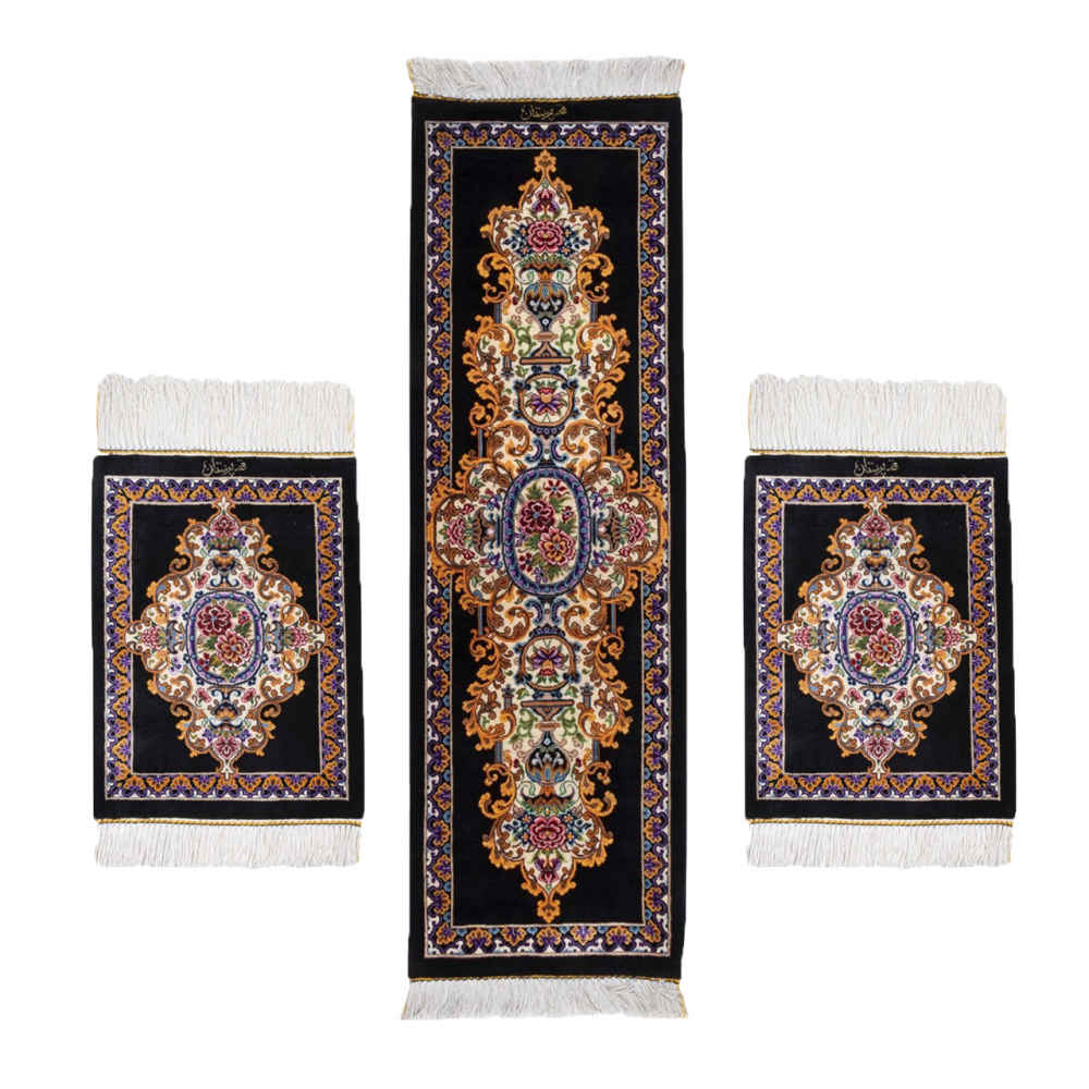 Hand-Knotted Silk Table Runner – Navy Blue Floral Motif