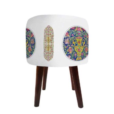 Round Velvet Footstool with Wooden Legs Inspired by Persian Art White Abra