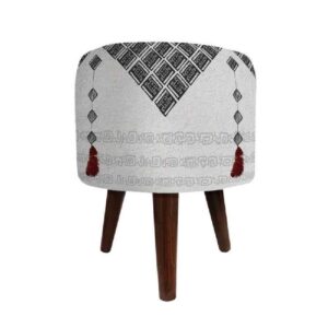 Round Velvet Footstool with Wooden Legs Inspired by Persian Art Gray Par