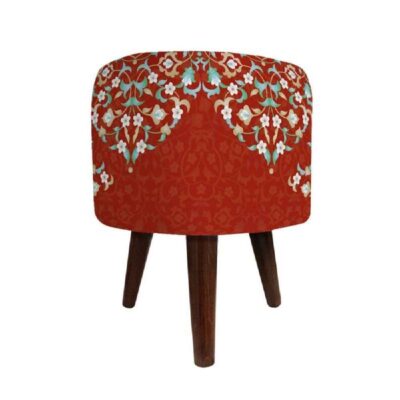 Round Velvet Footstool with Wooden Legs Inspired by Persian Art Red Sorkhab