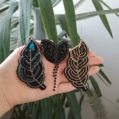 Set of 3 Leaf Plastic Beaded Brooches – Handmade Feminine Design