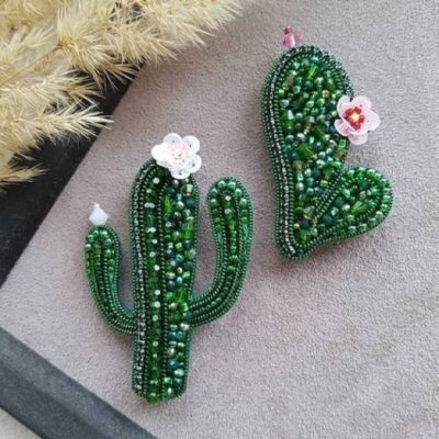Set of 2 Cactus Plastic Beaded Brooches – Handmade Feminine Design