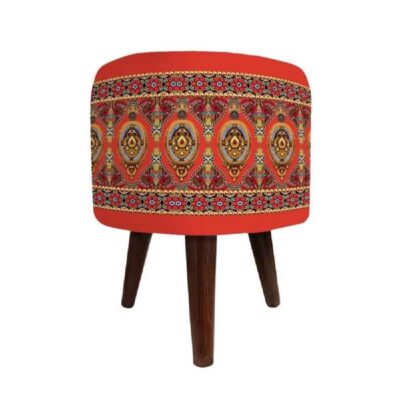 Round Velvet Footstool with Wooden Legs Inspired by Persian Art Orange Nahal
