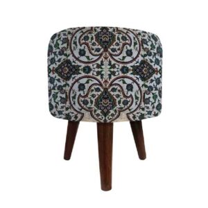 Round Velvet Footstool with Wooden Legs Inspired by Persian Art Gray Nazanin