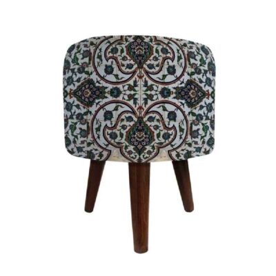 Round Velvet Footstool with Wooden Legs Inspired by Persian Art Gray Nazanin